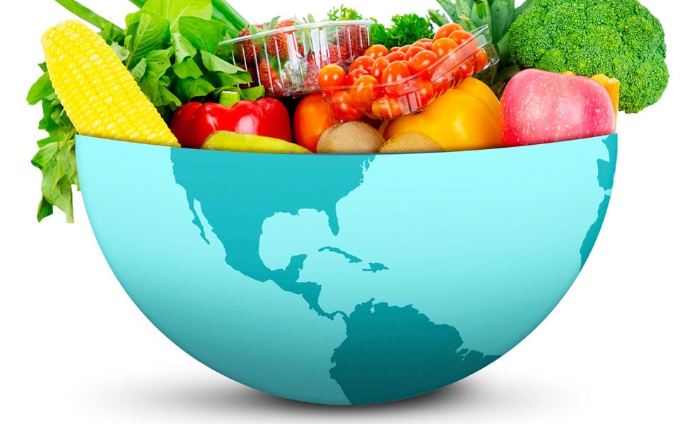 A bowl shaped like half a globe featuring various fresh vegetables and fruits, including corn, bell pepper, tomatoes, and broccoli.