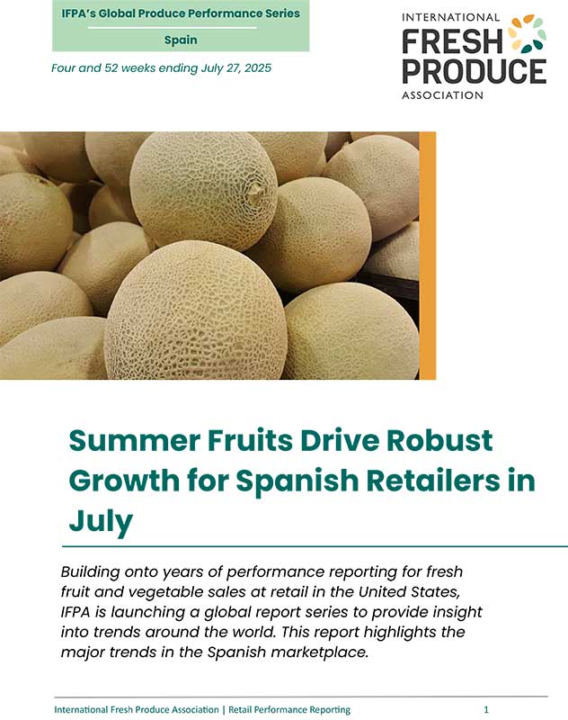 Cover of the IFPA's Global Produce Performance Series report for Spain, featuring cantaloupes and a headline about summer fruit growth.