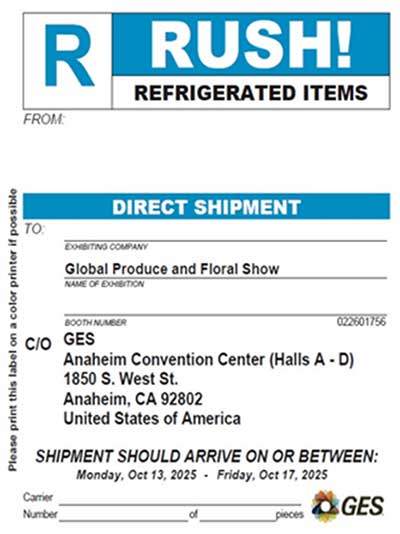 R RUSH Direct Shipment Refrigerated Item Label Global Show GES