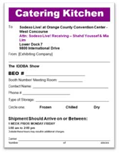 Form titled "Catering Kitchen" for a catering order at a convention center, addressing locations and requiring details about the order.