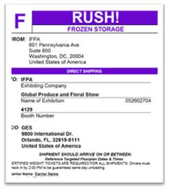 Shipping label indicating frozen storage with addresses and delivery instructions.