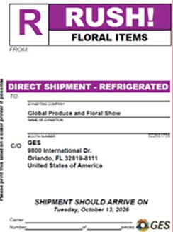 A shipping label for a refrigerated floral item marked "RUSH!" with delivery details to Orlando, Florida.