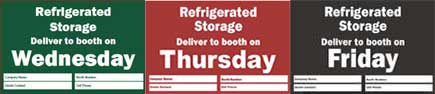 Three panels showing delivery days: Wednesday in green, Thursday in red, and Friday in black, for refrigerated storage.