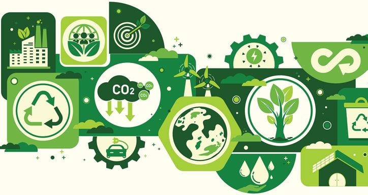 Illustration of green icons representing environmental sustainability, including wind turbines, a recycling symbol, and a globe.